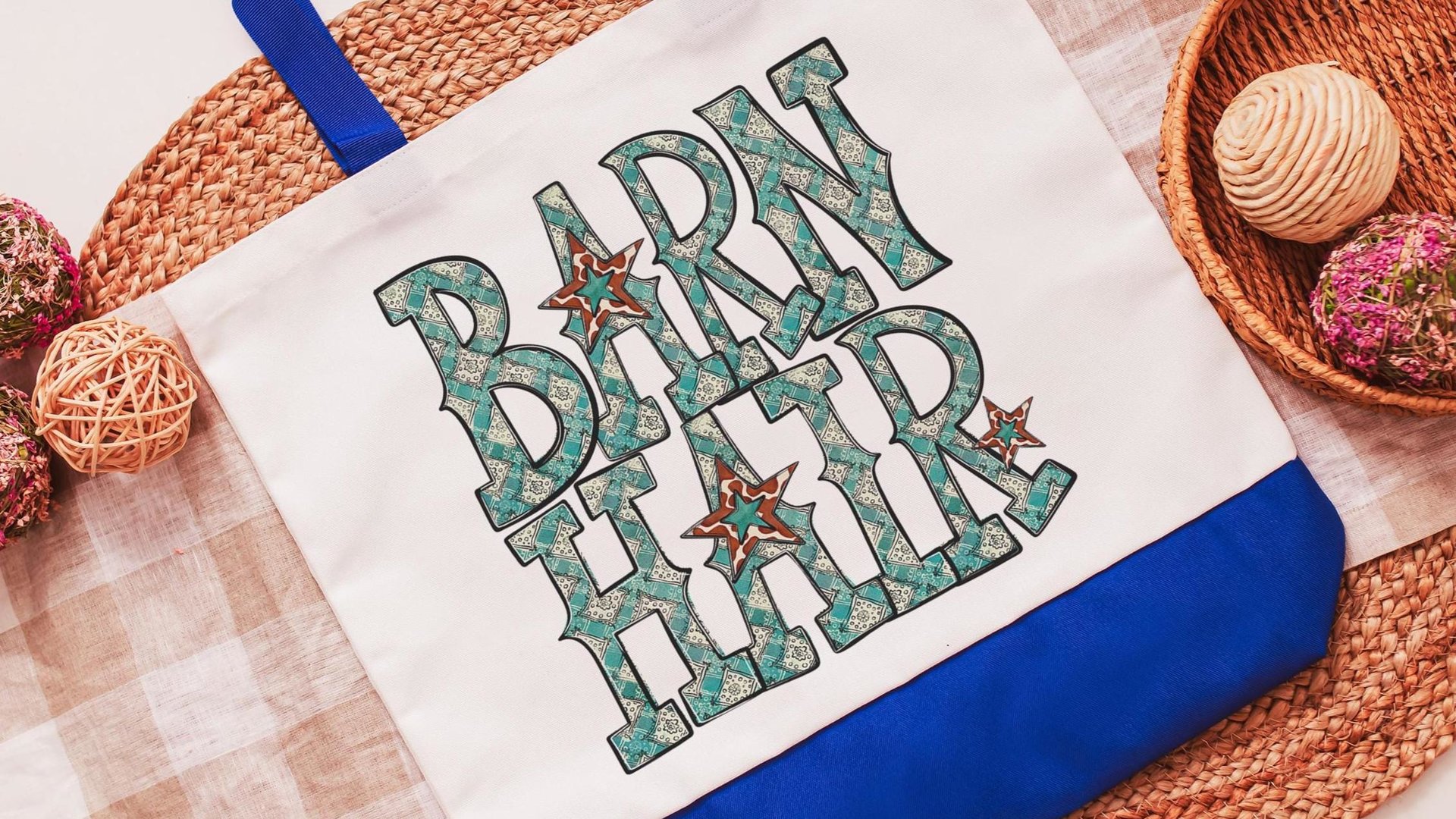 Barn hair tote bags for women, turquoise bandana print country girl gifts, farmers market bag for sister, farm gifts for animal lovers
