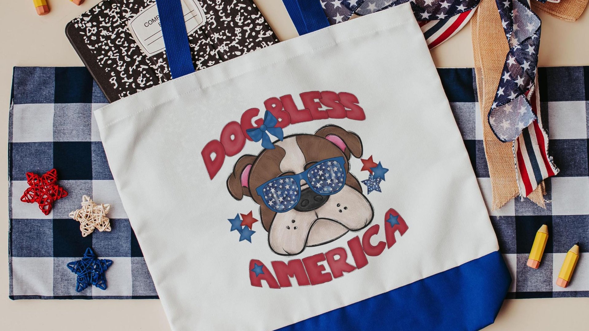 Dog bless America English bulldog tote bag for books, Bulldog mom patriotic bulldog gift for women, reusable grocery bag cute dog gifts