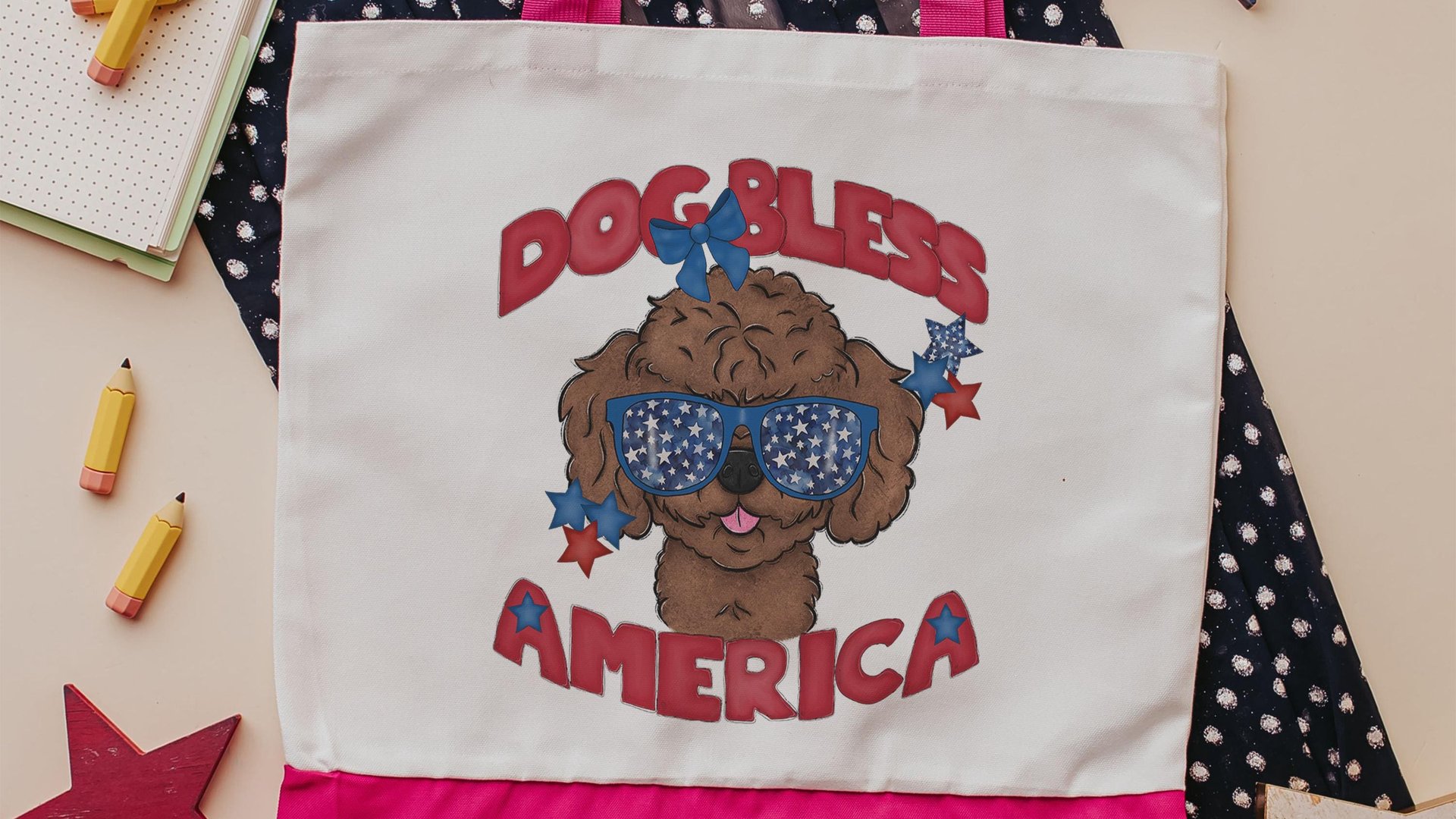 dog bless America patriotic tote bag for women, unique dog mom gifts, toy poodle tote bag for dog supplies, best gifts for dog lovers, 4th