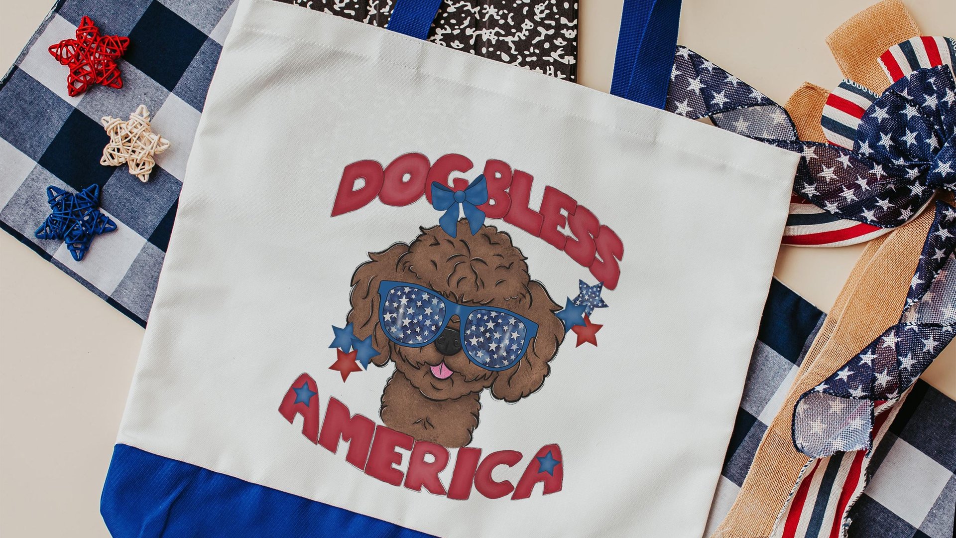 dog bless America patriotic tote bag for women, unique dog mom gifts, toy poodle tote bag for dog supplies, best gifts for dog lovers, 4th