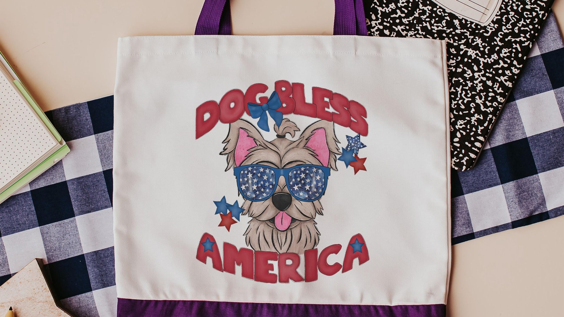 dog bless America patriotic tote bag for women, best gifts for dog lovers, Yorkie tote for summer, unique dog mom gifts, Yorkshire terrier