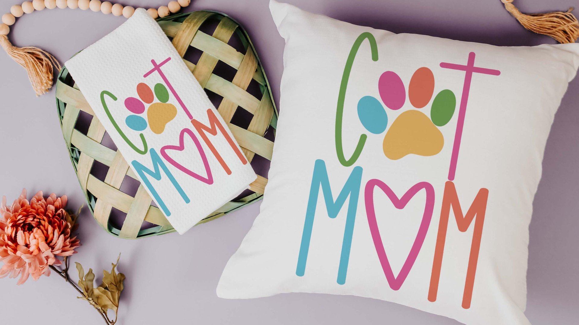 Cat mom throw pillow for chair, cute Mothers day gift for cat and cat lovers, cat lover throw pillow 18x18, colorful cat decor for kitchen