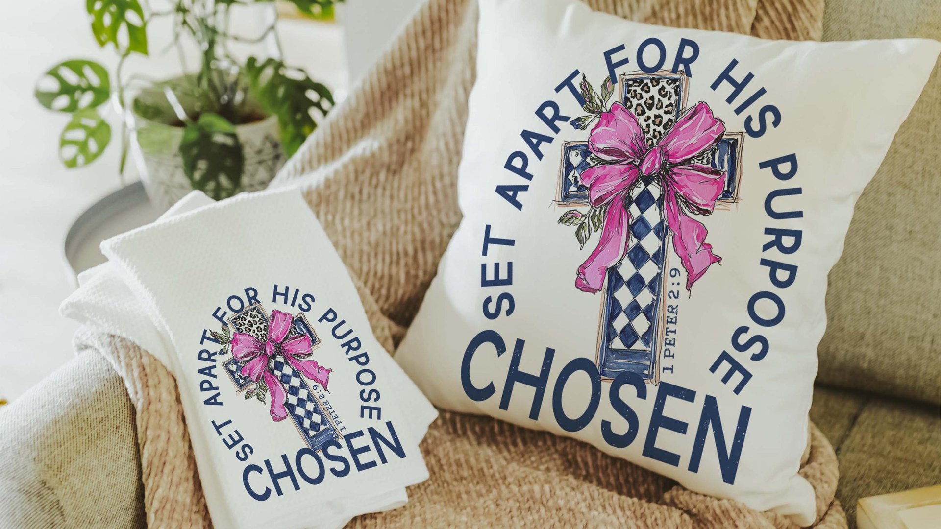 Chosen for his purpose religious kitchen towels Christian throw pillow for living room, Easter hostess gift for sister, Colossians 3:12