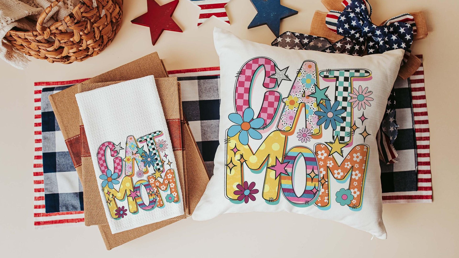 rainbow cat kitchen towel mod cat mom throw pillows cute cat gifts for cat lovers, whimsical cat decor, trendy checkered decorative pillows