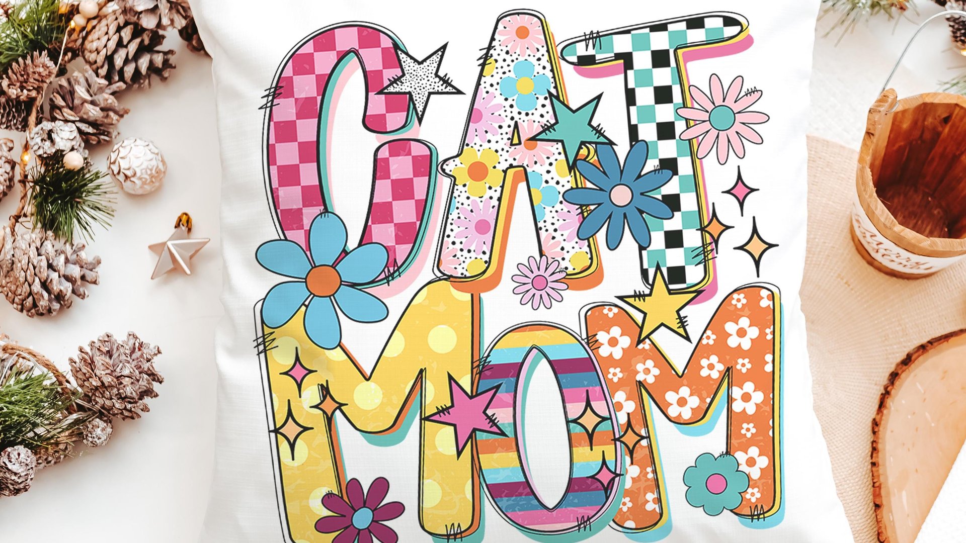 rainbow cat kitchen towel mod cat mom throw pillows cute cat gifts for cat lovers, whimsical cat decor, trendy checkered decorative pillows