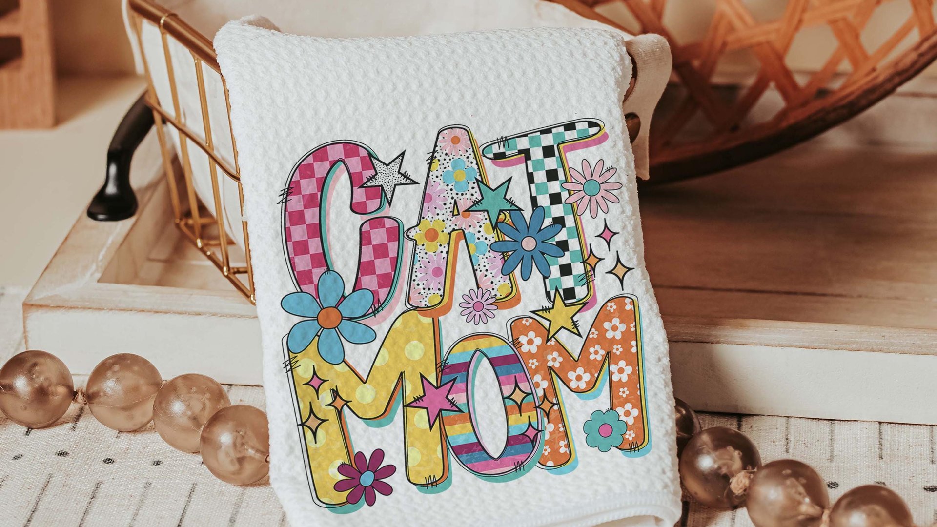 rainbow cat kitchen towel mod cat mom throw pillows cute cat gifts for cat lovers, whimsical cat decor, trendy checkered decorative pillows