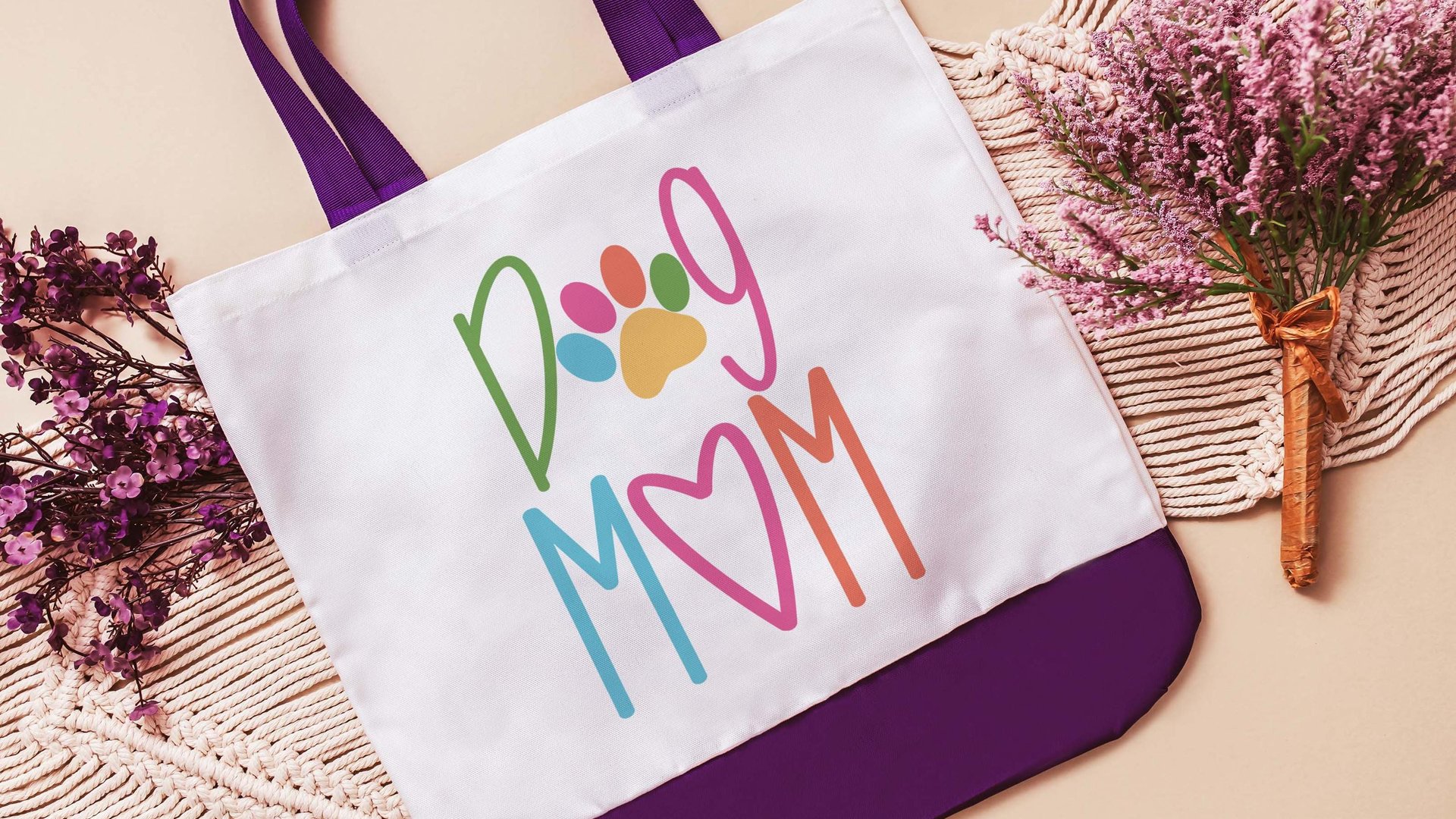 dog mom tote for women, colorful dog paw print tote bag for dog lover, popular now dog mama gifts, dog beach bags for summer, dog gifts for