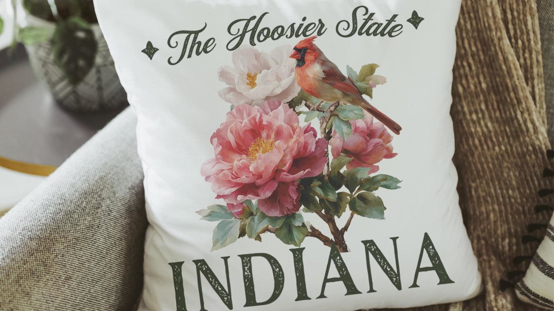 Indiana state bird accent pillows for sofa, Hoosier gifts for women, Indiana state flower peony throw pillows for couch floral bird northern