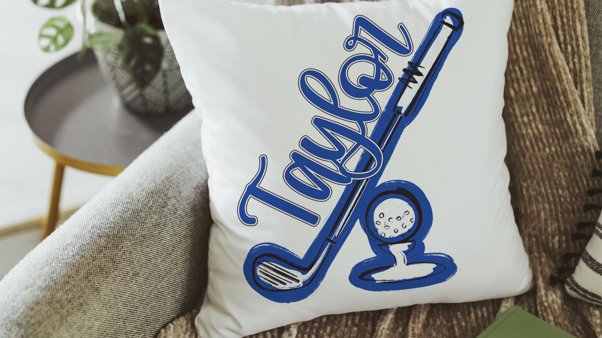 Personalized columbia blue name golf pillow for couch, golf mom era room decor pillow, lady golfer throw pillow for bed, cute golf gifts for