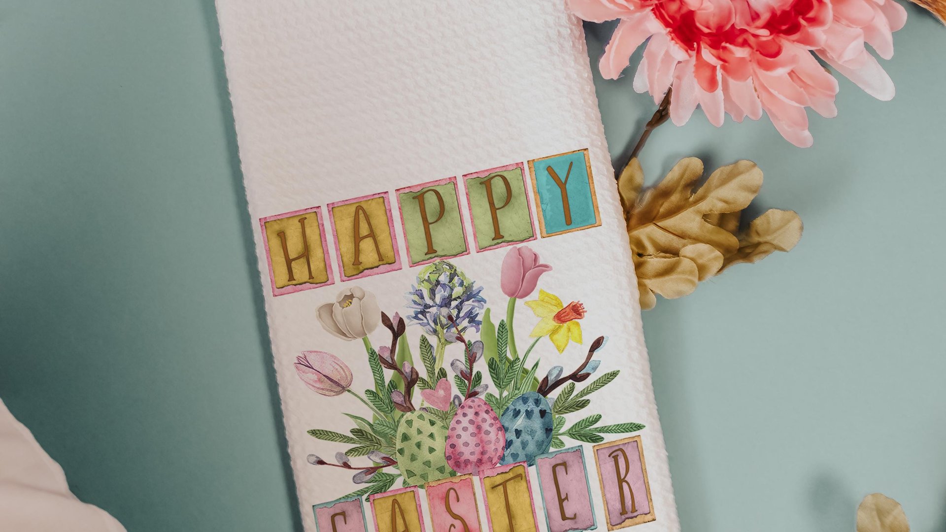 happy Easter kitchen towels, farmhouse Easter decor, floral Easter gifts for Mom, spring decorations for home, Easter basket stuffers for