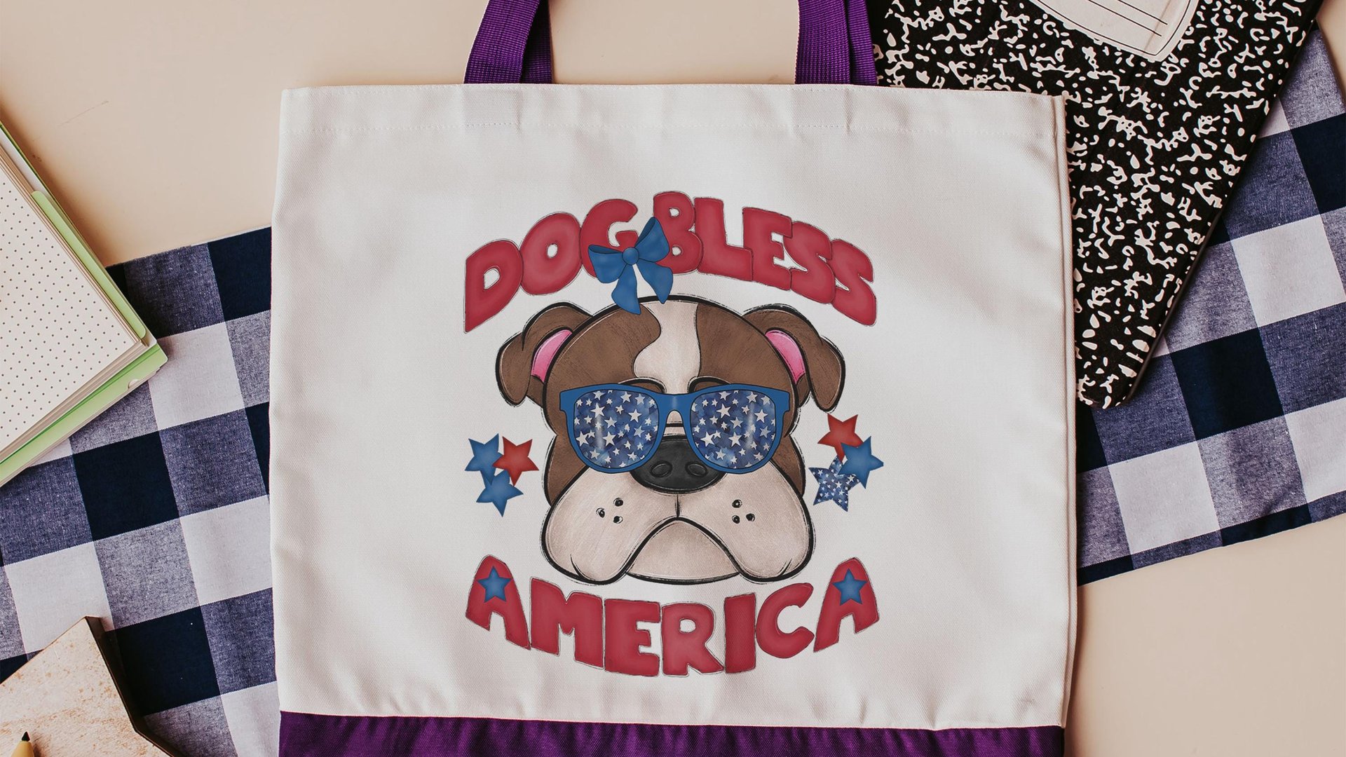 Dog bless America English bulldog tote bag for books, Bulldog mom patriotic bulldog gift for women, reusable grocery bag cute dog gifts