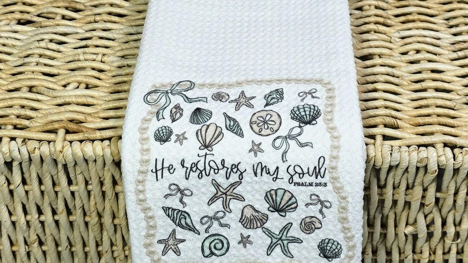 he restores my soul Psalm 23:3 Bible verse throw pillows for bed, Christian gifts for best friends, seashell coquette kitchen towels, beach