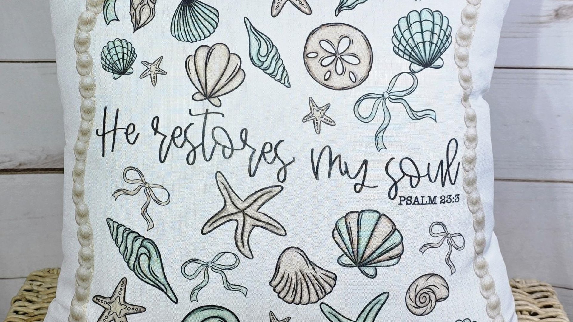 he restores my soul Psalm 23:3 Bible verse throw pillows for bed, Christian gifts for best friends, seashell coquette kitchen towels, beach