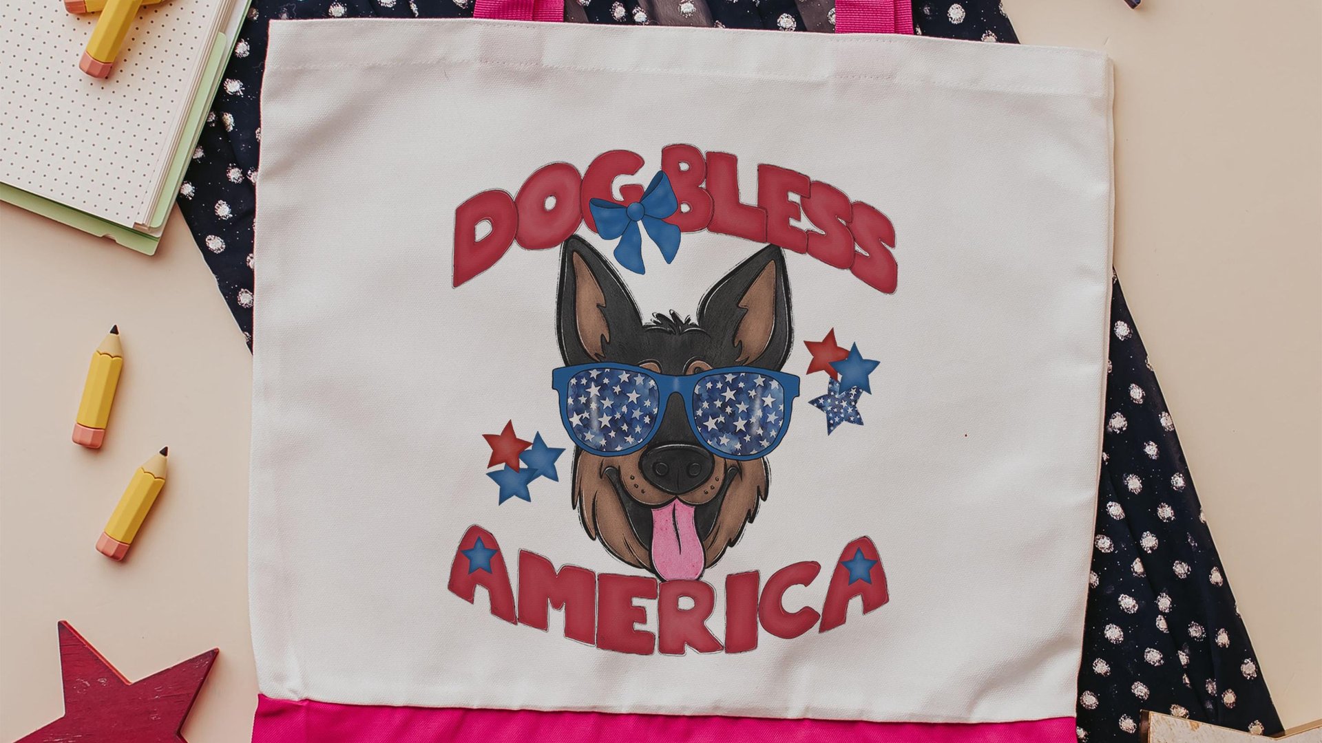 dog bless America patriotic tote bag for dog mom, German shepherd gifts for her, 4th of July cute tote shopping bag, summer dog accessories