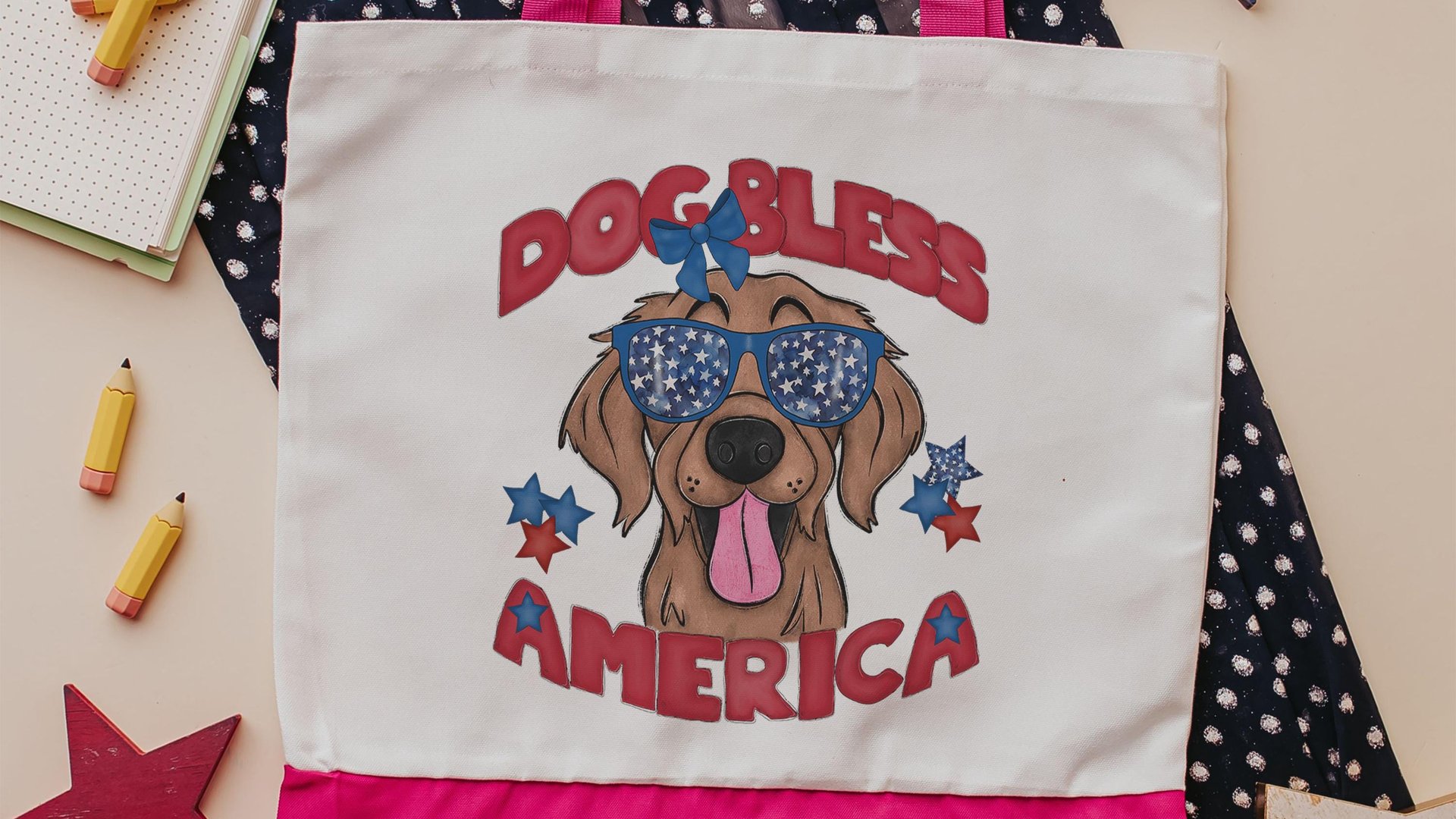 Dog bless America Golden Retriever tote bag for books, retriever mom patriotic retriever gift for women, reusable grocery bag cute dog gift