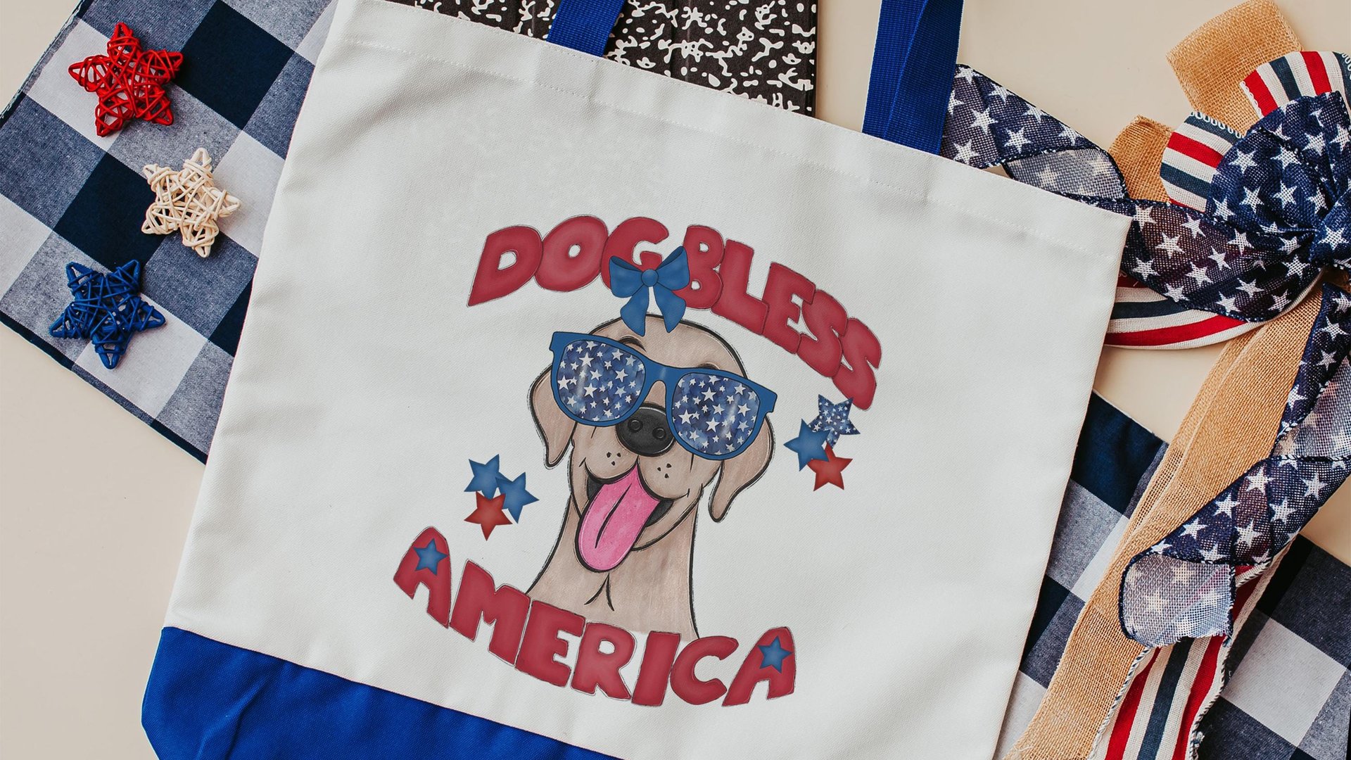 Dog bless America Yellow Labrador Retriever tote bag for books, lab mom patriotic retriever gift for women, reusable grocery bag cute dog