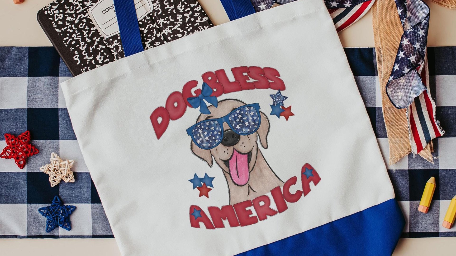 Dog bless America Yellow Labrador Retriever tote bag for books, lab mom patriotic retriever gift for women, reusable grocery bag cute dog