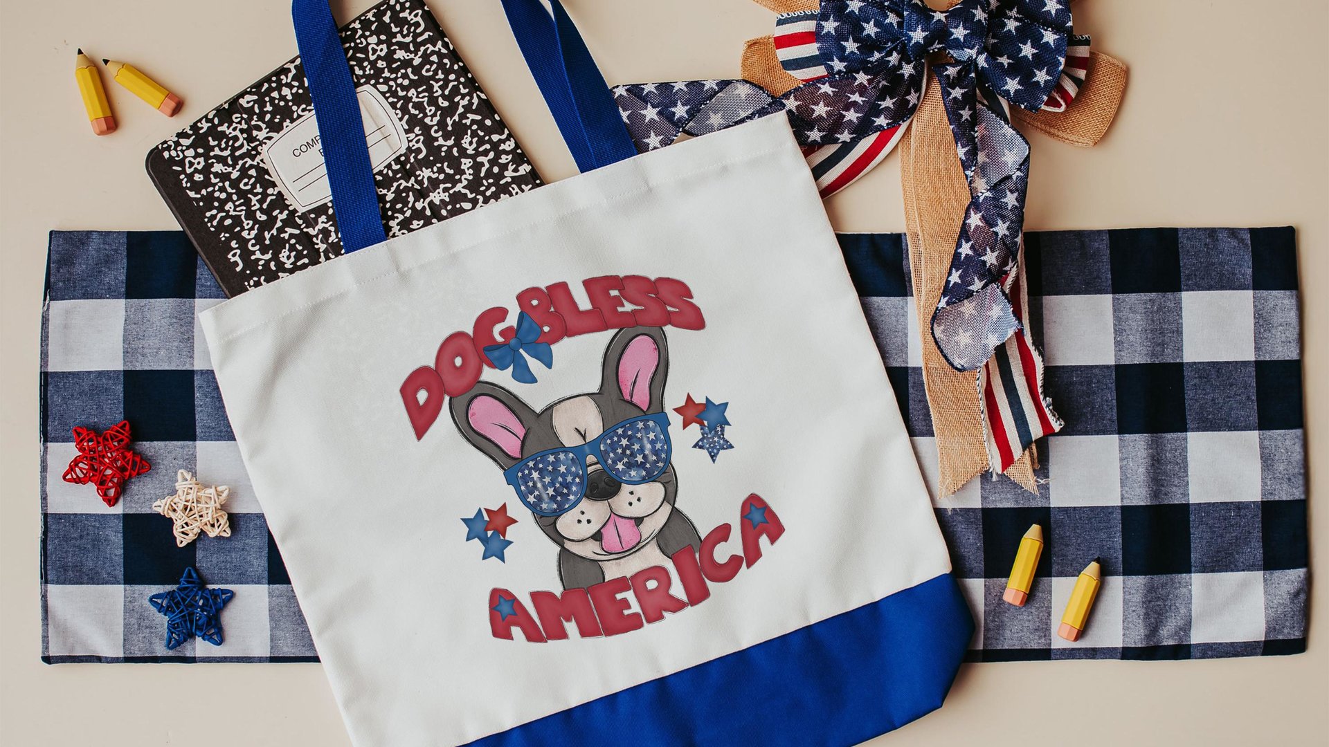 dog bless America French bulldog tote bag for dog lover, Frenchie mom gift, 4th of July patriotic gifts for women, cute tote shopping bag