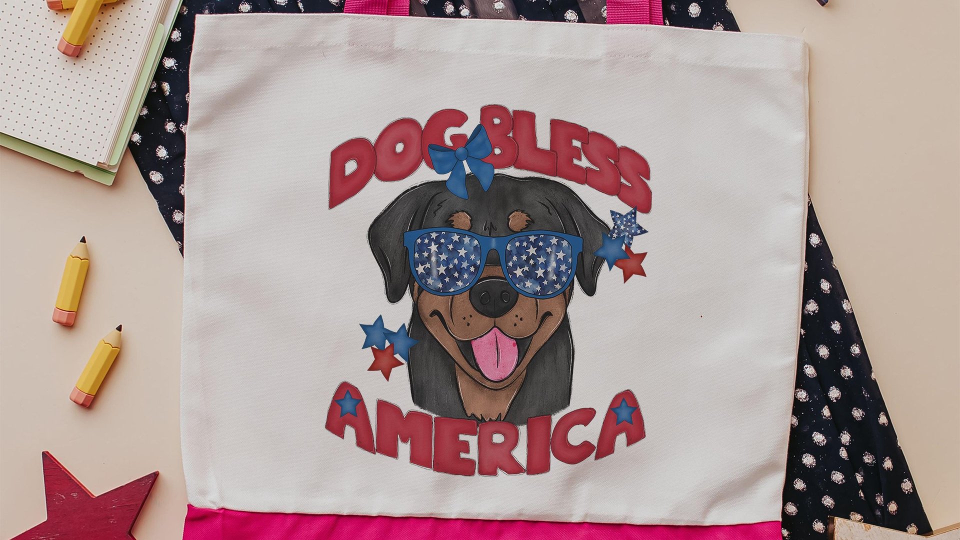 dog bless America rottweiler tote bag for summer, patriotic dog gear, rottie mom gifts, 4th of July tote bag for dog lover, rottweiler gifts