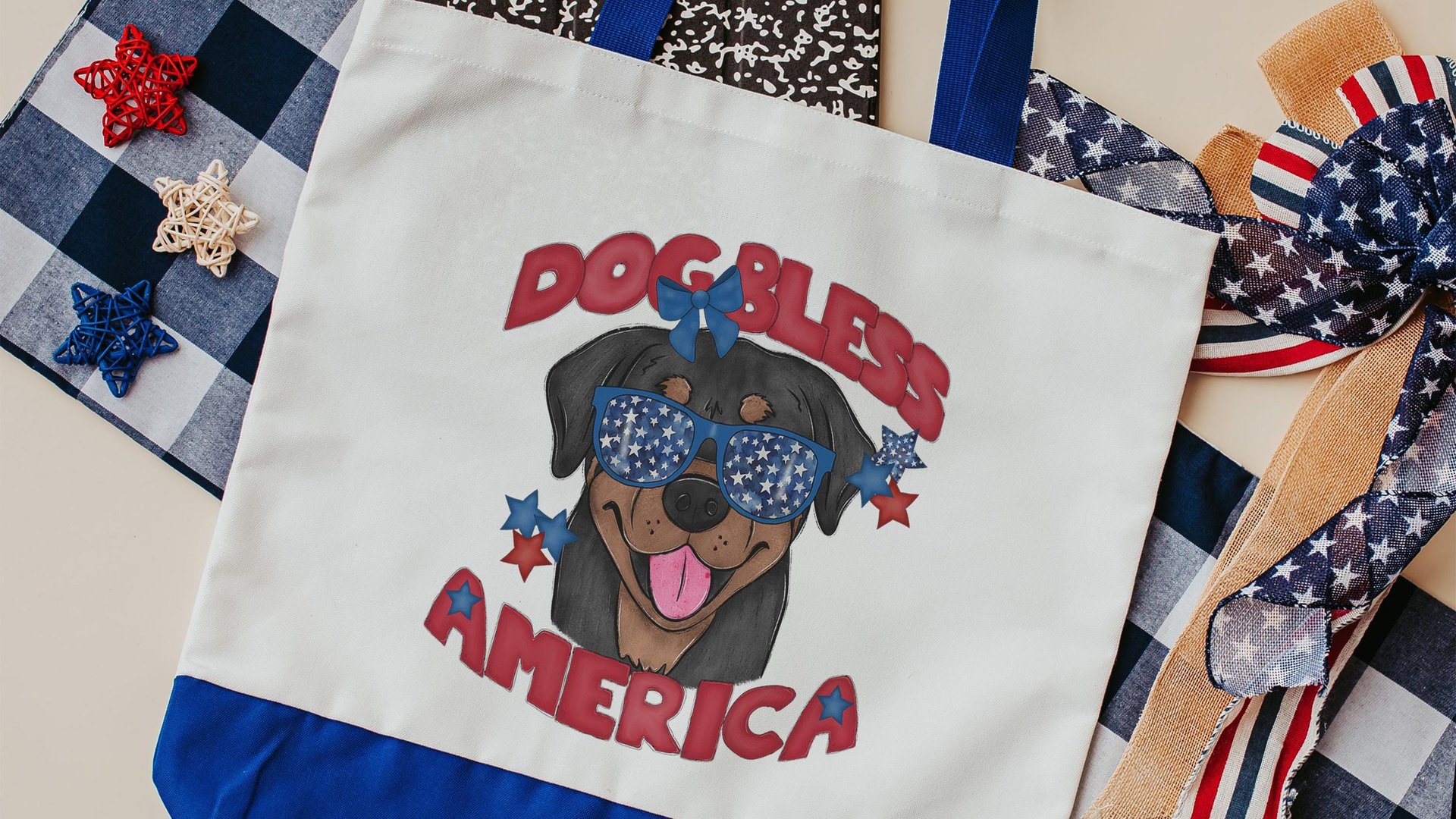 dog bless America rottweiler tote bag for summer, patriotic dog gear, rottie mom gifts, 4th of July tote bag for dog lover, rottweiler gifts