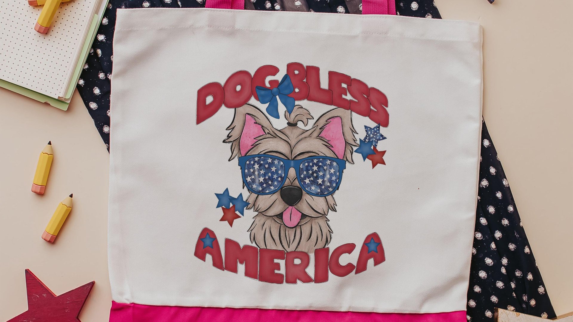 dog bless America patriotic tote bag for women, best gifts for dog lovers, Yorkie tote for summer, unique dog mom gifts, Yorkshire terrier
