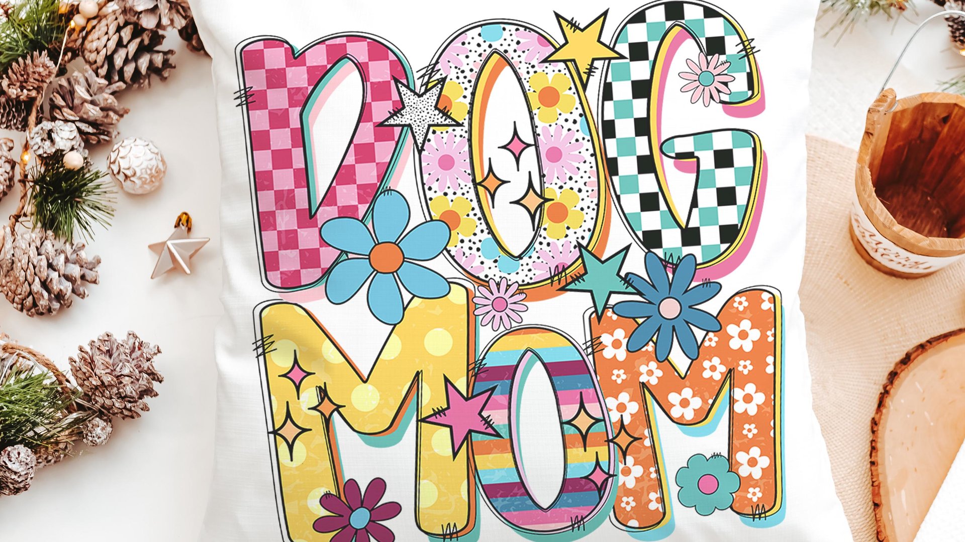 rainbow dog mom throw pillows for couch bright checkered dog kitchen towel for Mom, dog mama gifts, whimsical dog lover home decorations