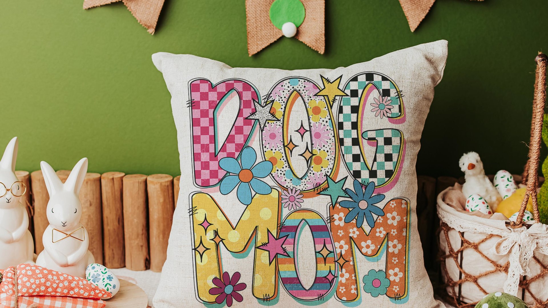 rainbow dog mom throw pillows for couch bright checkered dog kitchen towel for Mom, dog mama gifts, whimsical dog lover home decorations