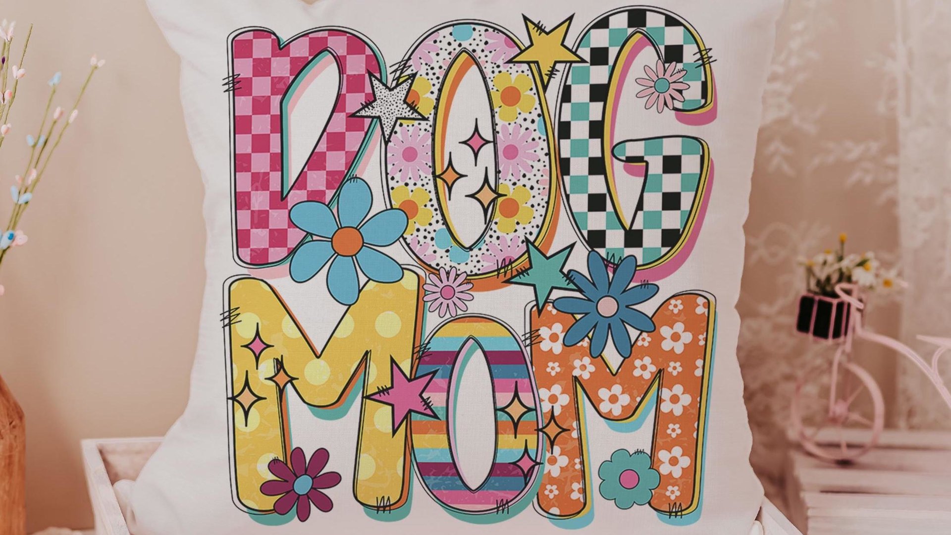 rainbow dog mom throw pillows for couch bright checkered dog kitchen towel for Mom, dog mama gifts, whimsical dog lover home decorations