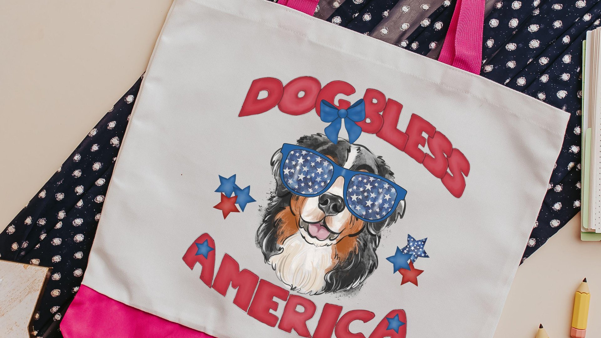 Dog bless America Bernese mountain dog tote bag for books, berner mom patriotic bernie gift for women, reusable grocery bag cute dog gift