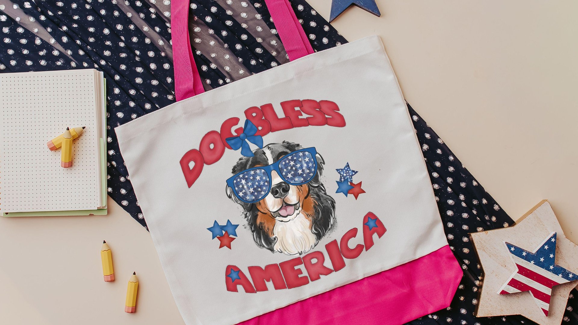 Dog bless America Bernese mountain dog tote bag for books, berner mom patriotic bernie gift for women, reusable grocery bag cute dog gift