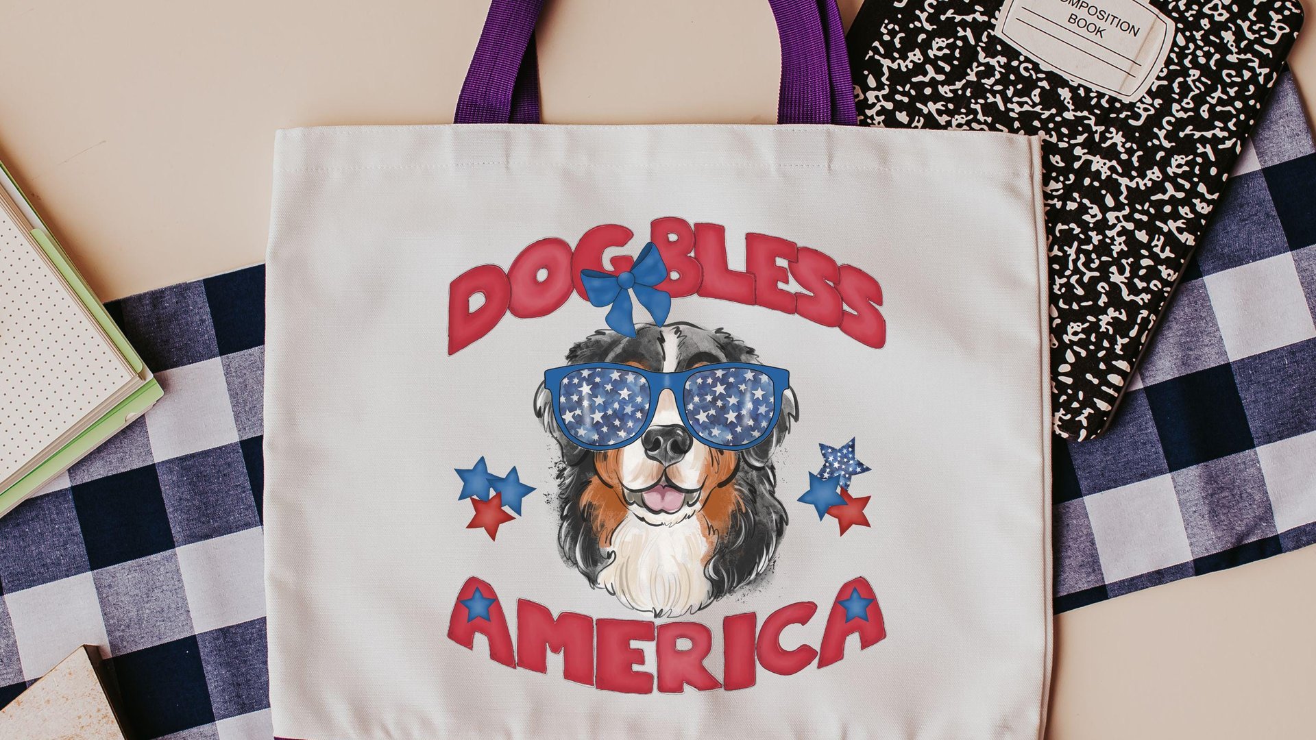 Dog bless America Bernese mountain dog tote bag for books, berner mom patriotic bernie gift for women, reusable grocery bag cute dog gift