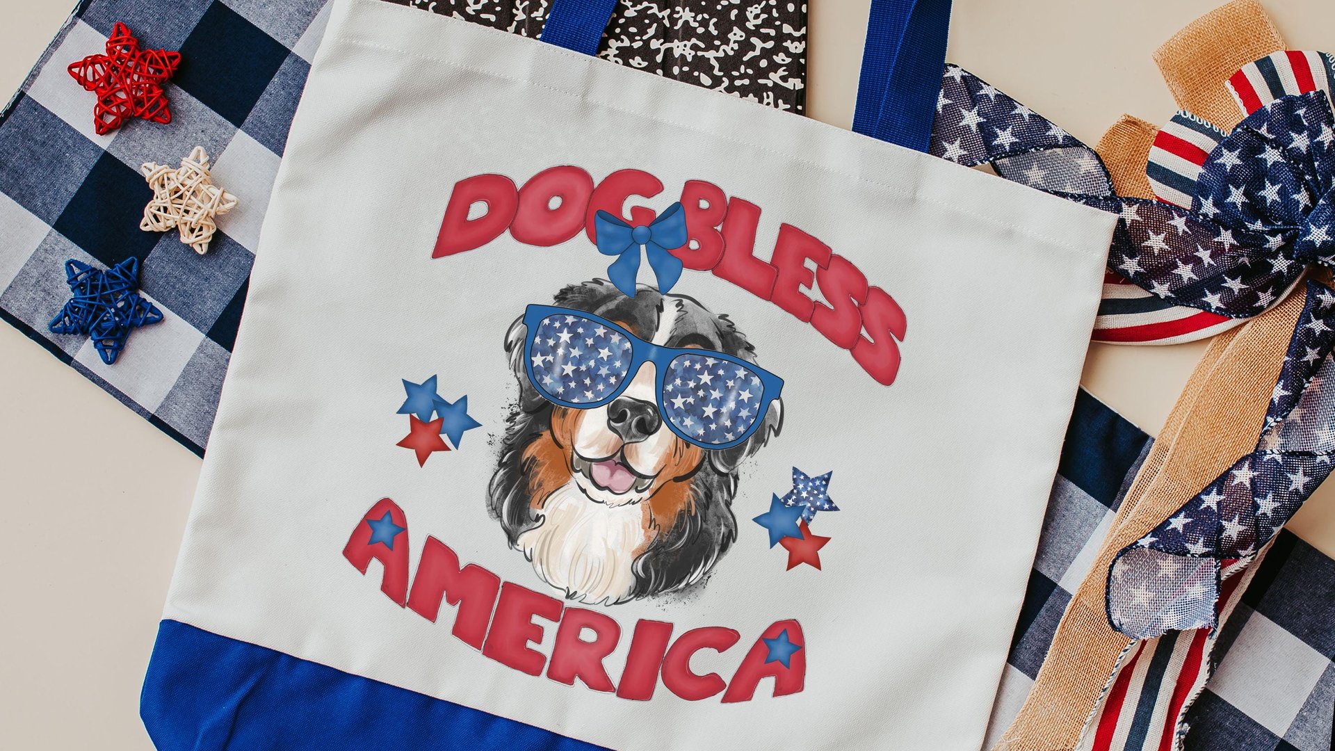 Dog bless America Bernese mountain dog tote bag for books, berner mom patriotic bernie gift for women, reusable grocery bag cute dog gift