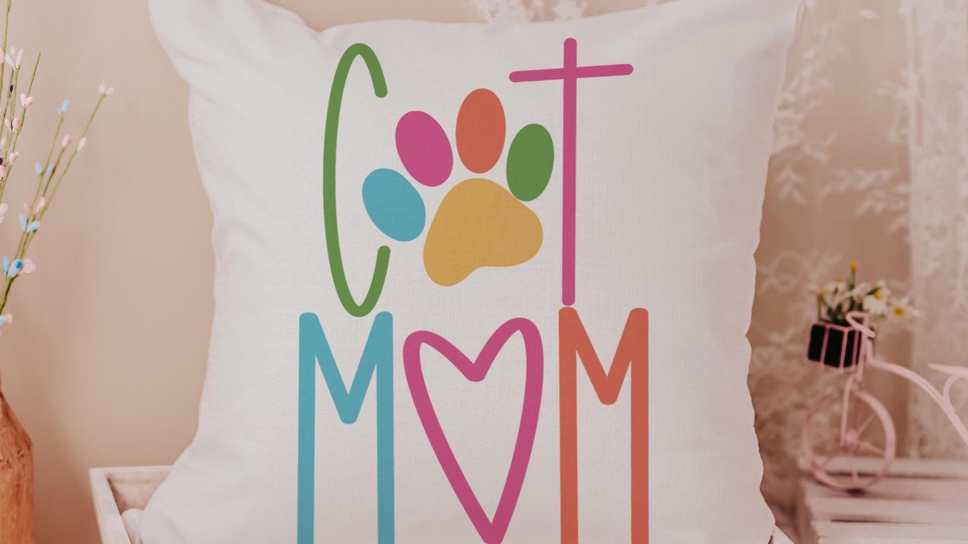 Cat mom throw pillow for chair, cute Mothers day gift for cat and cat lovers, cat lover throw pillow 18x18, colorful cat decor for kitchen