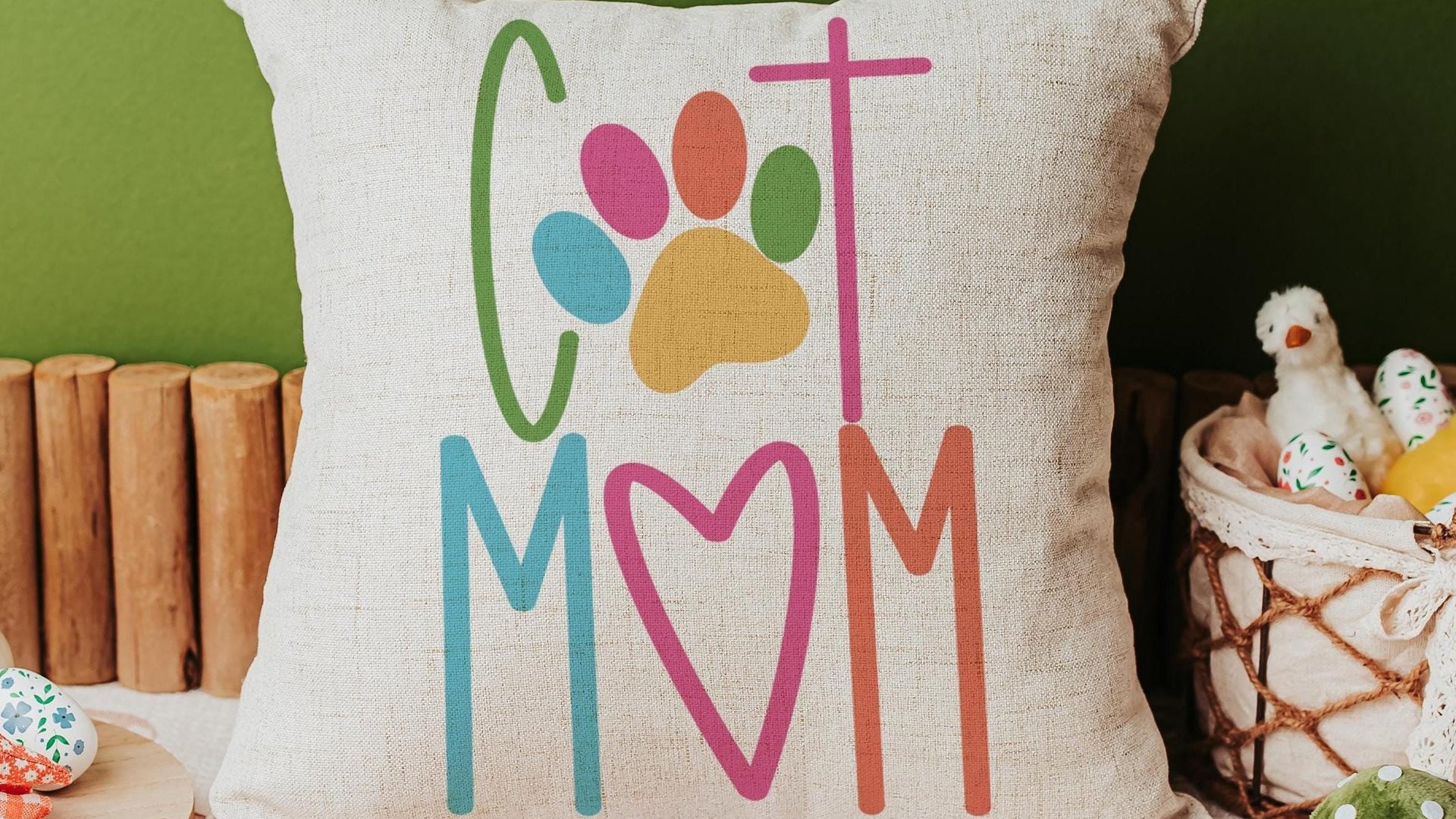 Cat mom throw pillow for chair, cute Mothers day gift for cat and cat lovers, cat lover throw pillow 18x18, colorful cat decor for kitchen