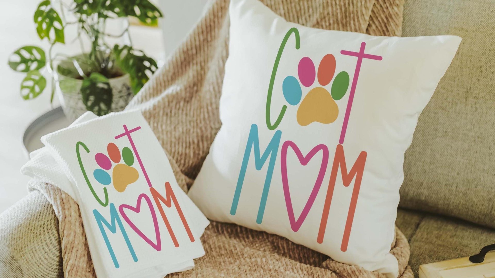 Cat mom throw pillow for chair, cute Mothers day gift for cat and cat lovers, cat lover throw pillow 18x18, colorful cat decor for kitchen