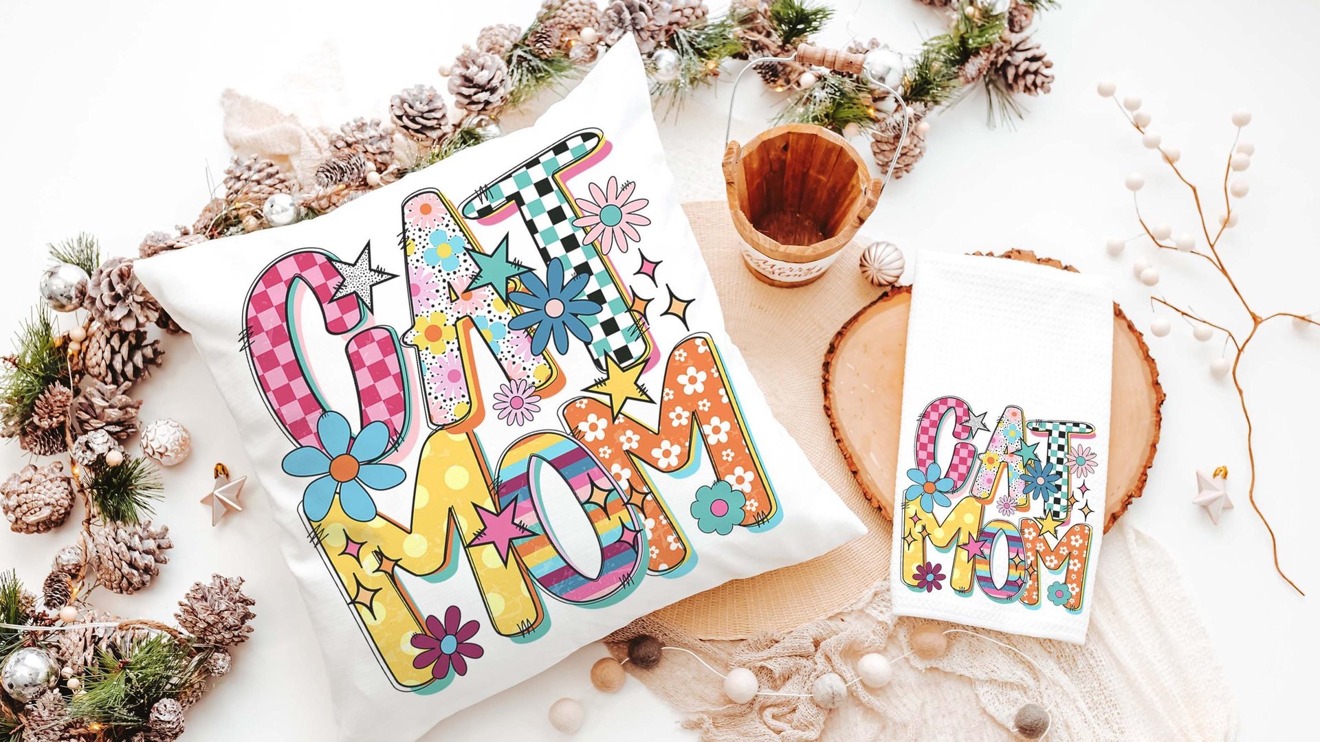 rainbow cat kitchen towel mod cat mom throw pillows cute cat gifts for cat lovers, whimsical cat decor, trendy checkered decorative pillows