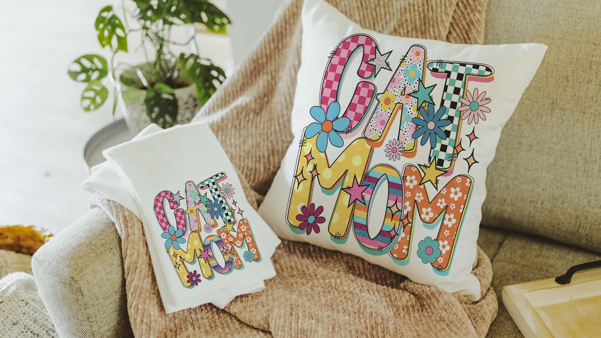 rainbow cat kitchen towel mod cat mom throw pillows cute cat gifts for cat lovers, whimsical cat decor, trendy checkered decorative pillows