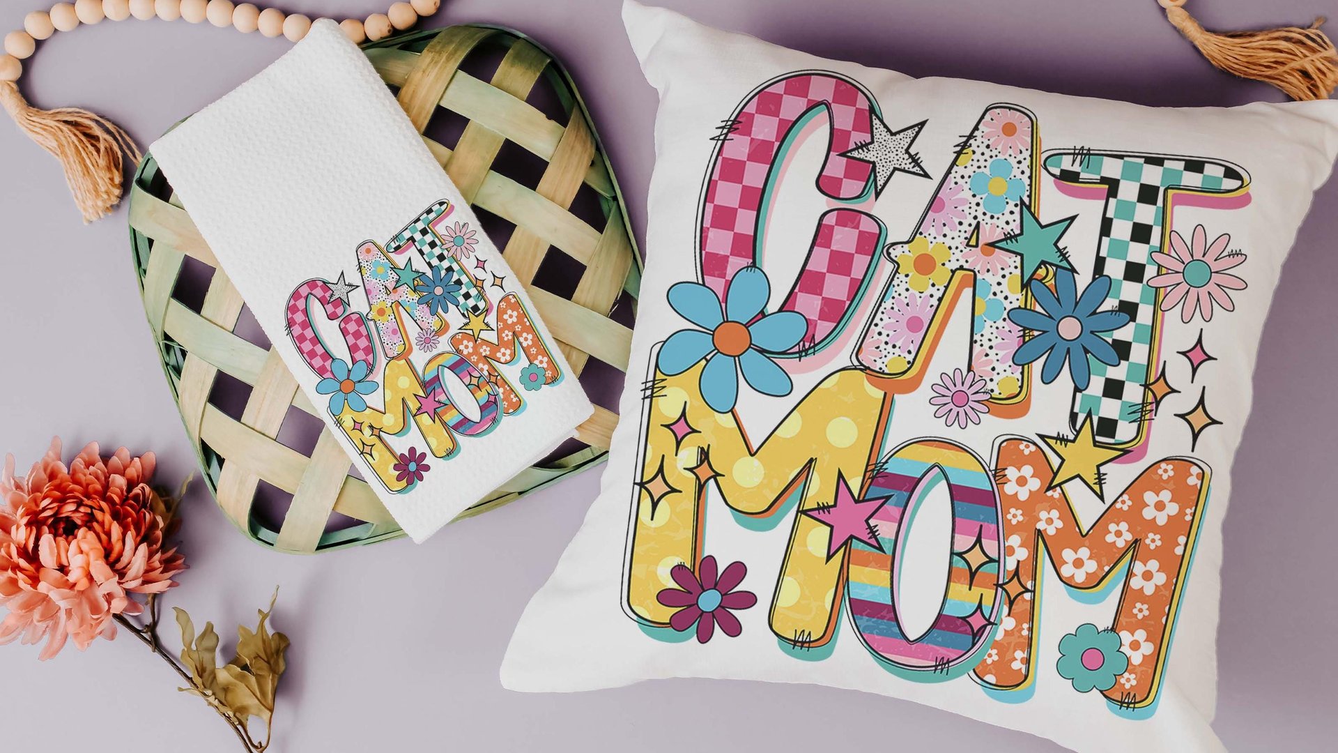 rainbow cat kitchen towel mod cat mom throw pillows cute cat gifts for cat lovers, whimsical cat decor, trendy checkered decorative pillows