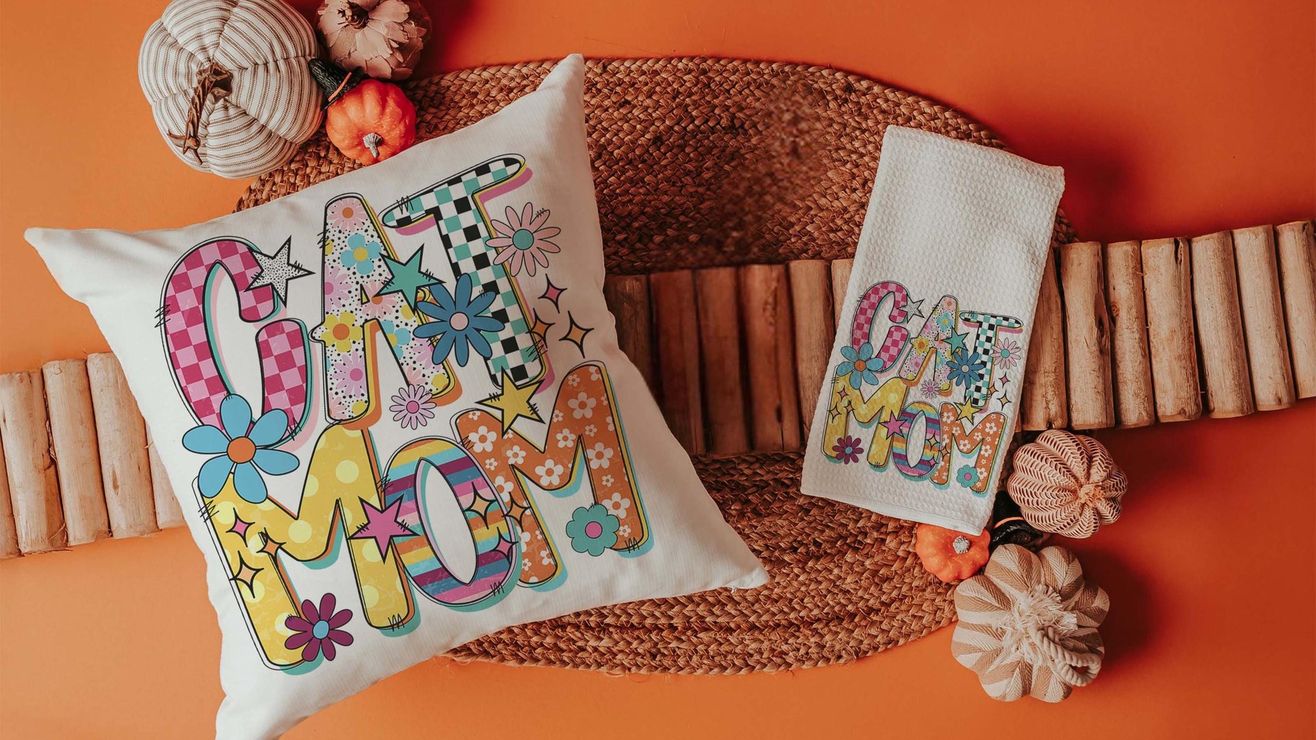 rainbow cat kitchen towel mod cat mom throw pillows cute cat gifts for cat lovers, whimsical cat decor, trendy checkered decorative pillows