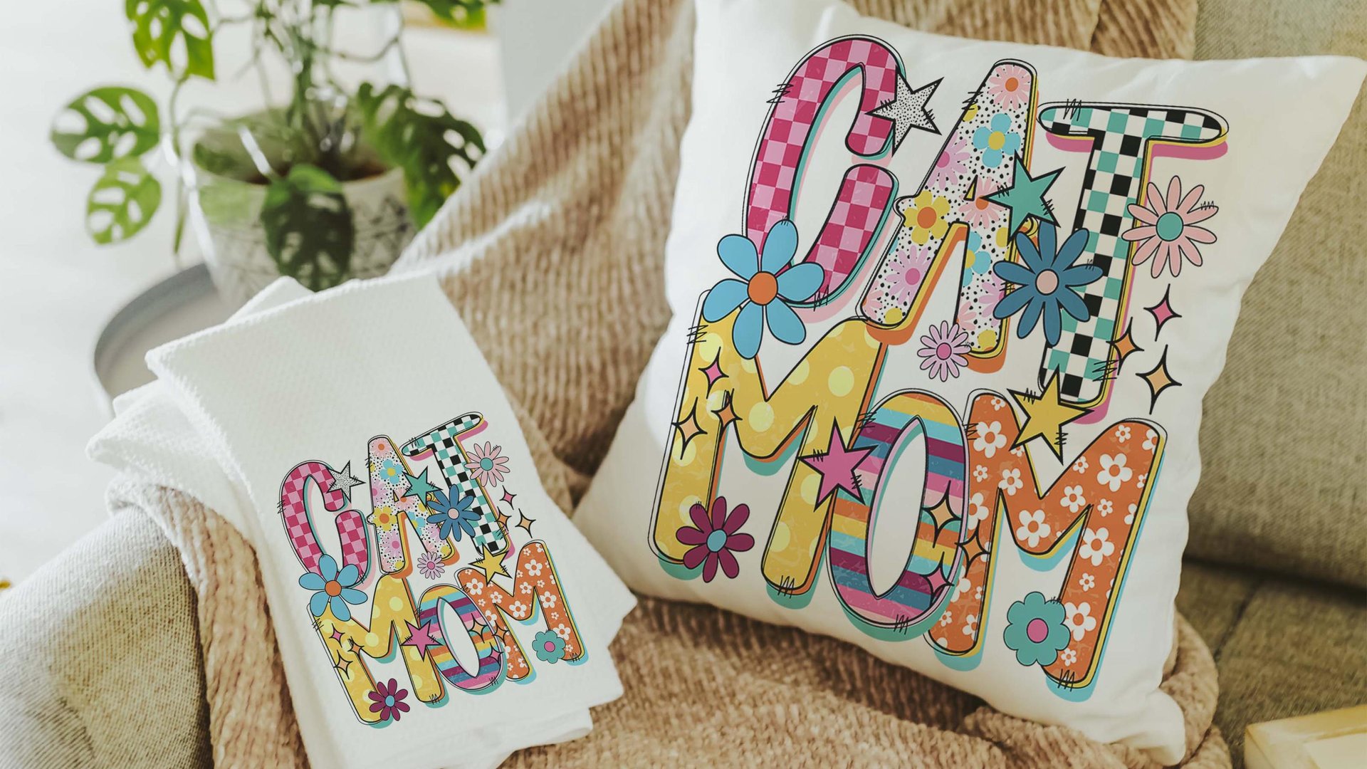 rainbow cat kitchen towel mod cat mom throw pillows cute cat gifts for cat lovers, whimsical cat decor, trendy checkered decorative pillows