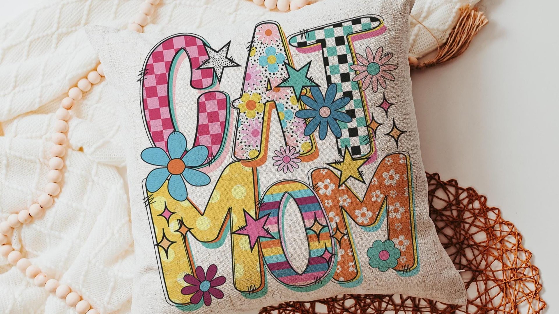 rainbow cat kitchen towel mod cat mom throw pillows cute cat gifts for cat lovers, whimsical cat decor, trendy checkered decorative pillows