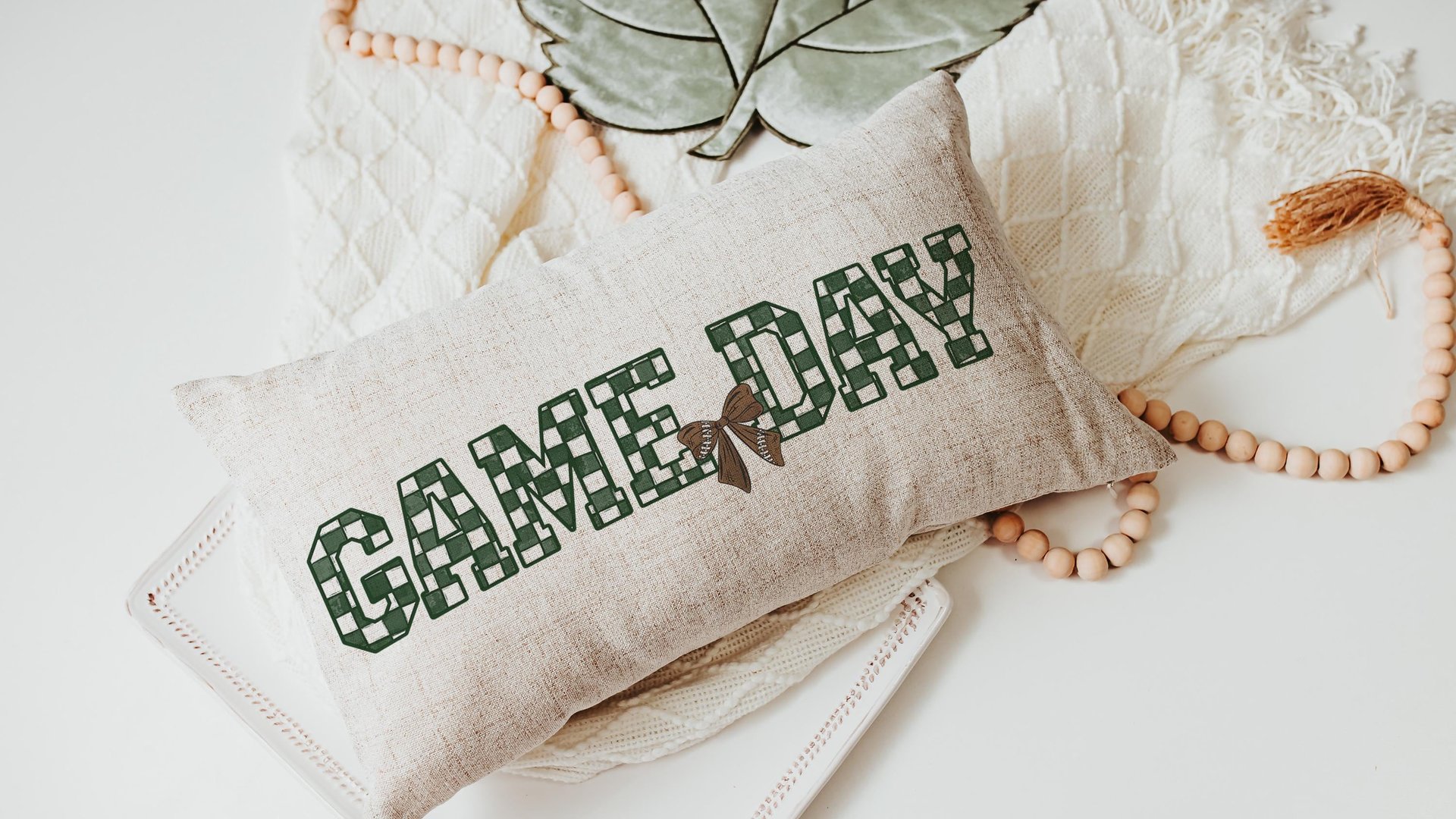 Game day girly football throw pillow for bed cute football gifts for girls, football coquette room decor for teens, football mom