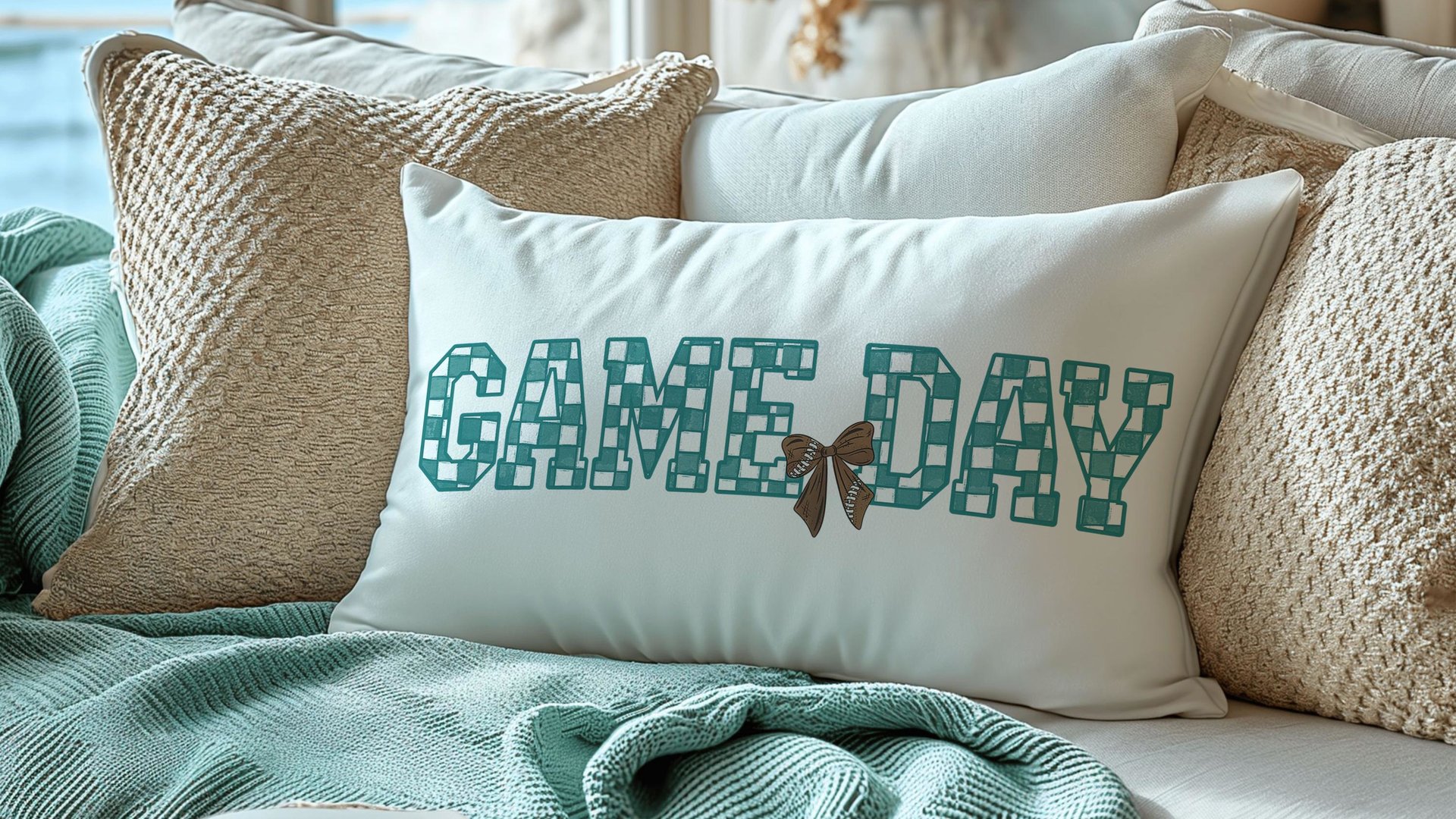 Game day girly football throw pillow for bed cute football gifts for girls, football coquette room decor for teens, football mom
