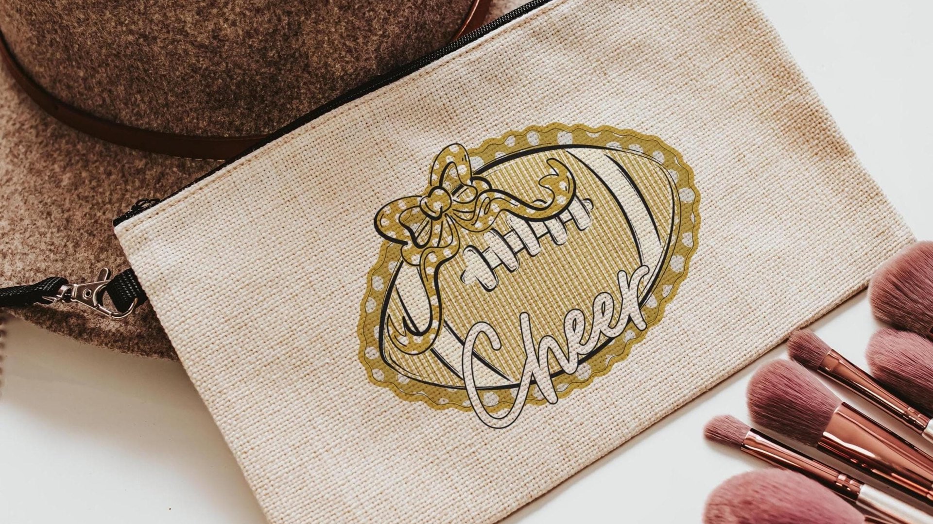 personalized cheer makeup bag for teens, gold school spirit items, stocking stuffers for teenage girls Christmas gifts for cheerleaders