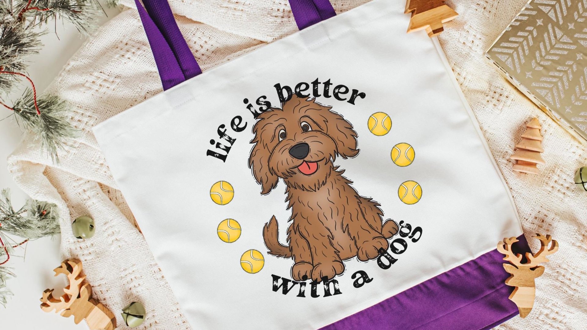 life is better with a dog labradoodle tote bag for dog lovers, doodle mom gifts, dog mom accessories, dog walking bag, labradoodle gifts