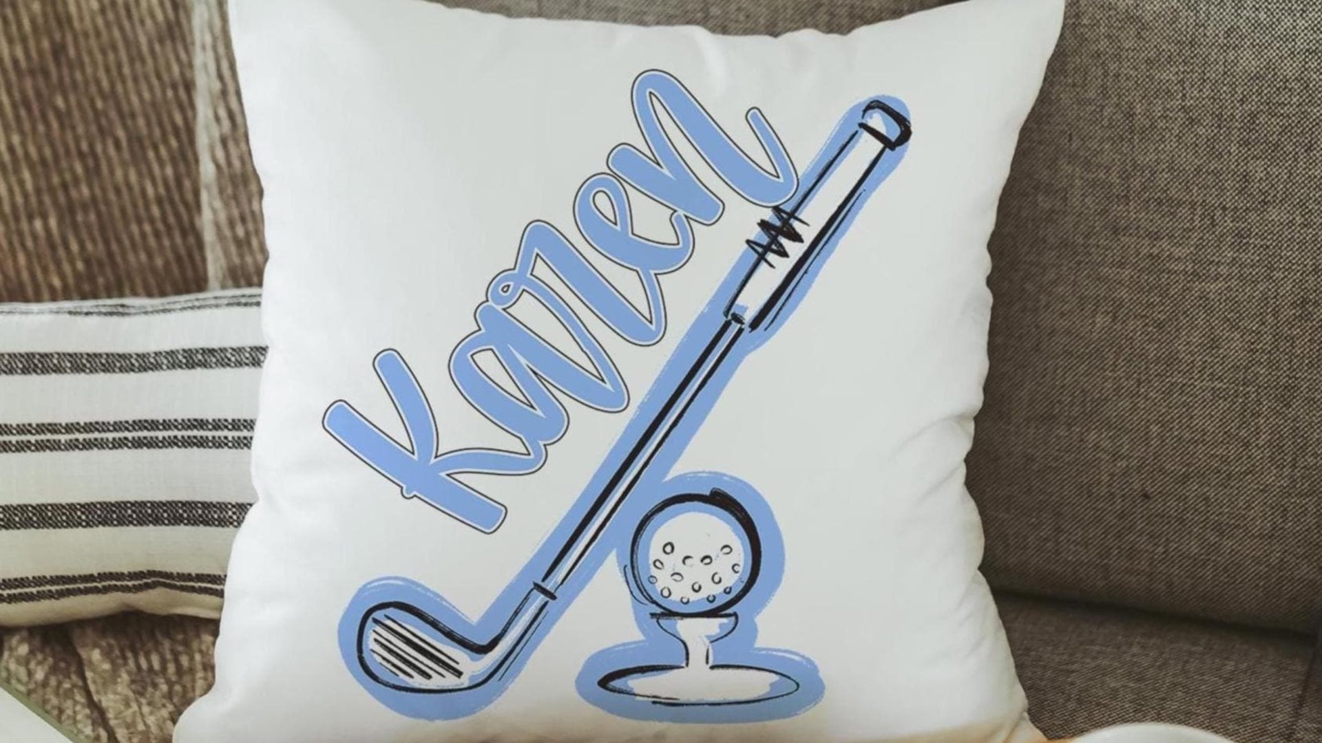 Personalized columbia blue name golf pillow for couch, golf mom era room decor pillow, lady golfer throw pillow for bed, cute golf gifts for