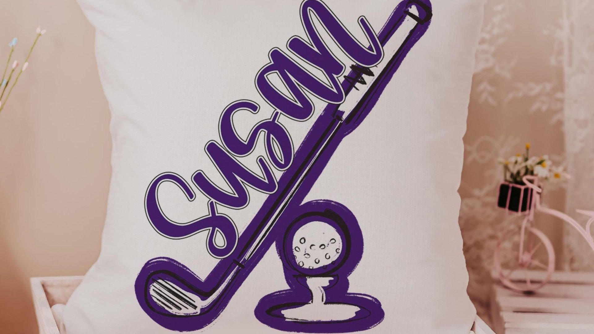 Personalized columbia blue name golf pillow for couch, golf mom era room decor pillow, lady golfer throw pillow for bed, cute golf gifts for