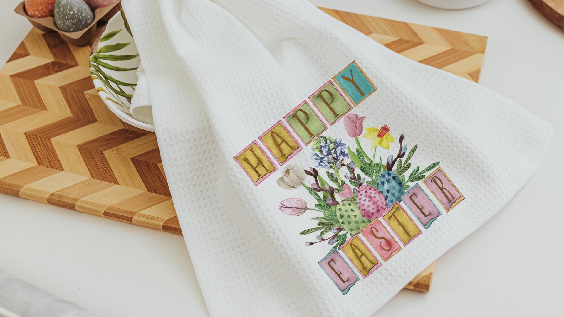 happy Easter kitchen towels, farmhouse Easter decor, floral Easter gifts for Mom, spring decorations for home, Easter basket stuffers for