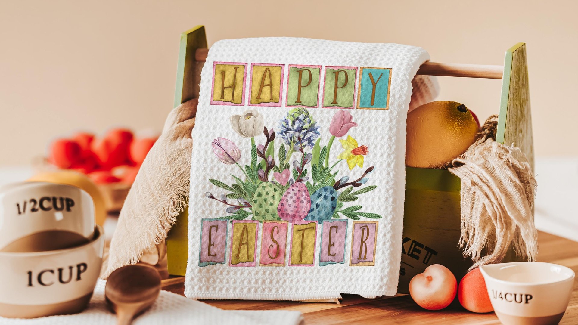 happy Easter kitchen towels, farmhouse Easter decor, floral Easter gifts for Mom, spring decorations for home, Easter basket stuffers for