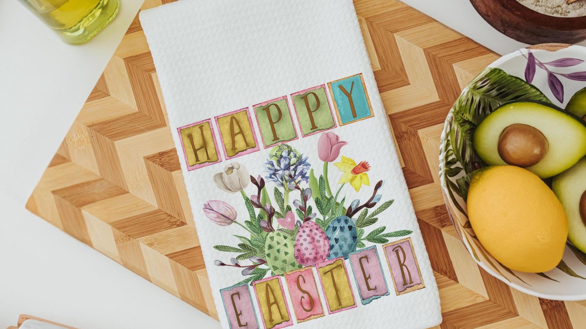 happy Easter kitchen towels, farmhouse Easter decor, floral Easter gifts for Mom, spring decorations for home, Easter basket stuffers for